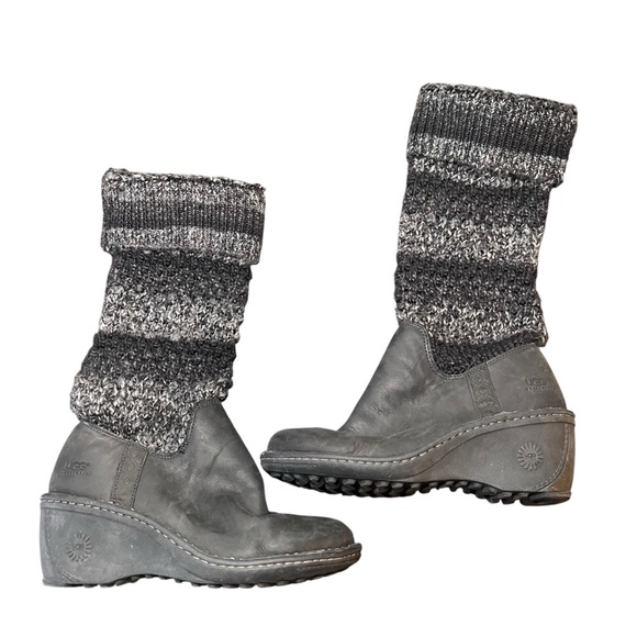 Ugg Cresthaven Nubuck wedge Knit Leather Leg Warmer Sock Boots Size Women 7 - Picture 4 of 9